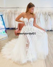 2021 Lace Appliques Summer Beach Boho Wedding Dress Sweetheart Sleeveless A Line Simple Bride Gowns Custom Made