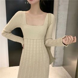 Casual Sweater Dres Midi Long Sleeve Vintage Knitted Female Autumn Office Lady Elegant Winter Korean 210604