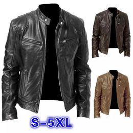 Men Leather Jacket Winter Vintage Zipper Plus Size Motorcycle Jackets Fashion Stand Collar Pocket Solid Male Jacket Coat Outwear 211009