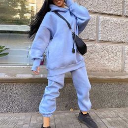 Women Hooded Sweatshirt Set Autumn Oversized Casual Long Sleeve Warm Pullovers Tracksuit Female Fashion Two Piece Sets 211105