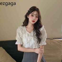 Ezgaga Summer New Short Sleeve Women Blouse V-Neck Chic Ruffles French Style CasualV Loose Solid All-Match Shirts Sweet 210430