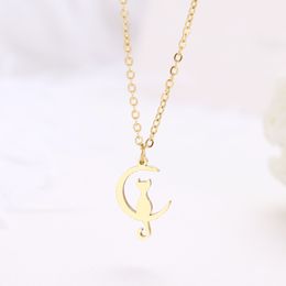 Stainless Steel Necklace for Women Lover's Little Cat Rewarding The Moon Gold Engagement Jewellery Gift