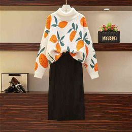 Plus Size Women's Autumn and Winter Fat Sister Fashion Turtleneck Sweater Half-length Skirt Two-piece Suit HK130 210507