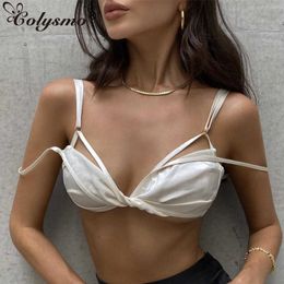 Colysmo Bow Tank Top Twist Spaghetti Strap V Neck Solid Color Backless White Crop Women Sexy Streetwear Basic Peplum 210527