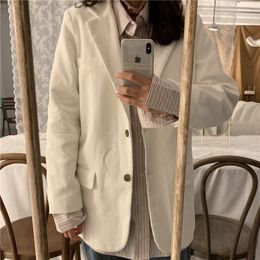 Apricot Elegant Office Ladies Corduroy Full-Sleeved Loose OL Gentle Chic Fashion All Match Casual Women Blazers 210421