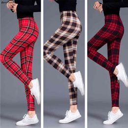 BornToGirl Autumn Winter Vintage Casual Leggings Pants For Women High Waist Black White Blue Red Brown Khaki Plaid 210925