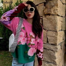 Woherb Flower Embroidery Sweaters Sweet Cute Korean Fashion Clothing Women Pullover Knitwear Autumn O-neck Vintage Jumper Tops 211014