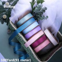 StoBag 100Yard Color Gift Package Ribbon Wedding Birthday Party DIY Candy Decration Roses Crafts Supplies Satin Ribbons 210602