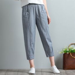 Women Pencil Pants Ankle-Length Female Summer Casual Striped Loose Trousers Linen Mid Wasit Flat Fashion 210915