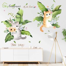 Nordic simple fresh sticker cute cat broadleaf self-adhesive stickers bedroom bedside living room wall home decor