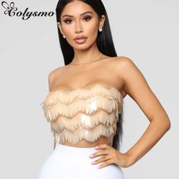 Colysmo Gold Sequin Crop Top Women Sexy Mesh Tube Angel Ladies Cropped Autumn Party Club Wear Boho s Croopped 210527