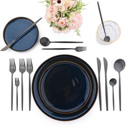 JANKNG 24Pcs Black Matte Cutlery Stainless Steel Dinnerware Knife Fork Spoon Dinner Kitchen Flatware Tableware Set