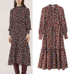 Fall Red Floral Ruffle Dresses for Women Vintage Office Midi Dress Woman Long Sleeve Button Up Elegant Ladies 210430