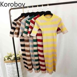 Korobov Autumn Short Sleeve O Neck Knit Dress Preppy Style Slim Striped Dresses Korean Vintage Midi Vestidos Femme 210430