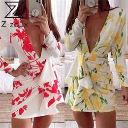 Women Dress Deep V Neck Bohemia es Sexy Mini Print Floral Maxi Long Sleeve Backless Hollow Out es 210513