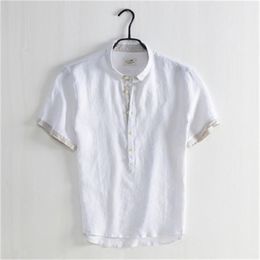 Summer linen short-sleeved shirt men's contrast color square collar loose casual breathable thin section cotton white 210420