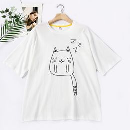 Sketch Kitten Sun Print Basic Women T-shirts O-neck Loose Casual Tshirt Tops For Girl Summer Cute Harajuku Famale Tshirts 210518