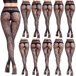 Black Stockings for Women Sexy Thigh High Fishnet Nylon Long Stockings Hollow Open Crotch Female Jacquard Lingerie Leggings X0521