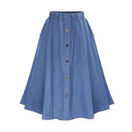 Skirts Loose Denim Spring Autumn Casual Dark Light Blue Elastic Waist Button Knee-Length Pleated Skirt For Women Free