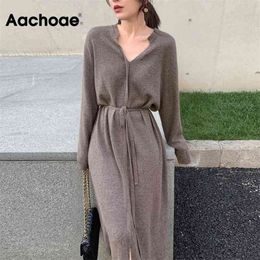 Aachoae Women Elegant Solid Midi Dress With Belt V Neck Korean Chic Dresses Long Sleeve Casual Knitted Sweater Dress Robe 210413