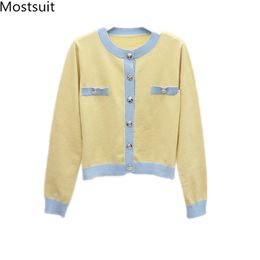 Color-blocked Korean Elegant Knitted Cardigan Women Full Sleeve O-neck Single Breasted Sweater Tops Fashion Ladies Soft Jumpers 210513