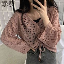 Hollow Out Knitted Women Shirts V Neck Long Sleeve Ladies Tops Korean Clothing Autumn Casual Loose Blusas 10194 210417