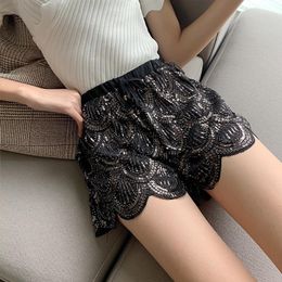 Women's Shorts Summer Fashion All-match Sequined Black Beige Lace Stitching Lacing Wave Type Low Waist Retro Women Dance 3459
