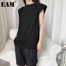 [EAM] Women Black White Big Size Shoulder Padded T-shirt Round Neck Sleeveless Fashion Spring Summer 1DD8632 21512