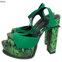 Rontic Women Summer Platform Mules Sandals Sexy Snake Pattern Square High Heels Open Toe Pretty Green Party Shoes US Size 5-20