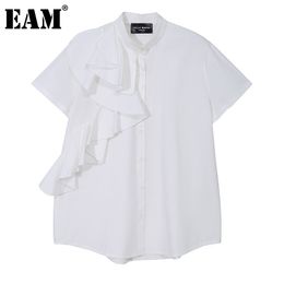 [EAM] Women White Irregular Ruffles Blouse Lapel Short Sleeve Loose Fit Shirt Fashion Spring Summer 1DD5930 21512