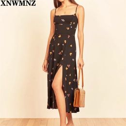 Women Vintage black Flower print Spaghetti Strap Slim Dress Hem Slit Long Dresses Sling Vestido fit bodice relaxed skirt 210520