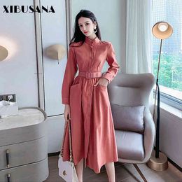 Ladies Belted Long Dress Autumn Elegant Single-breasted Women Sleeve Solid Colour Office Vestidos 210423