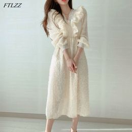 Spring Autumn Elegant Women Lace Patchwork Feather Tassel Dress Vintage High Waist Slim Long V-neck Fairy 210423