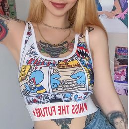 2020 New Women'S High-Waist Webbing Sports Vest Comic Pattern Sexy Crop Top SleevelCute Gym Tee Shirt X0507