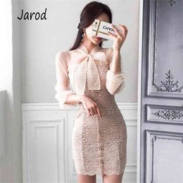 summer Women Office Lace patchwork Dress Single-breasted Bow tie Crochet Casual long Sleeve women Clothing 210519