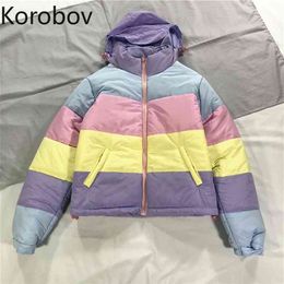 Korobov Japanese Kawaii Striped Patchwork Women Parkas Korean Hooded Long Sleeve Winter Coats Zipper Stand Collar Jacket 79053 210430