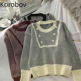 Korobov Korean Casual Women Pullovers Sweaters Vintage Button Plaid Long Sleeve Hit Color Patchwork Sueter Mujer Jumper Femme 210430