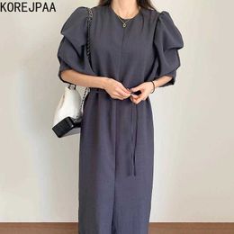 Korejpaa Women Dress Summer Korean Chic Female Elegant Temperament Round Neck Lace-Up Waistted Puff Sleeve Slit Vestidos 210526