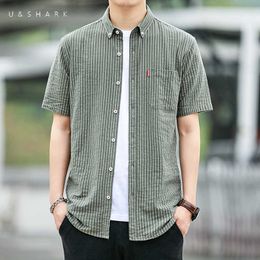 U&SHARK Summer Green Striped Shirt Short Sleeve Men Blouses Office Workwear Regular Fit 100% Cotton Casual Shirt Male 210603