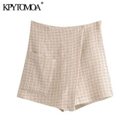 Women Chic Fashion Office Wear Tweed Shorts Skirts Back Zipper Pockets Female Short Pants Pantalones Mujer 210420