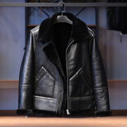 Cold resistance AVFLY men double face fur genuine leather jackets lapel neck sheepskin leather suit warm winter coats