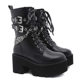 New sexy chain women's leather spring autumn boots thick heel Gothic black punk style platform shoes women's shoes high quality Y0914