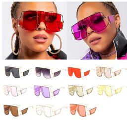 Wholesale Fashion Red Purple Square Oversized Sunglasses Women Metal Goggles Shield Glasses Luxury Big Semi Rimless Sunglasses