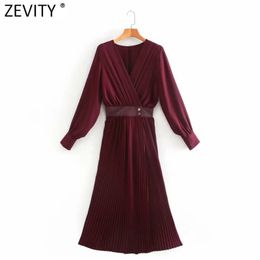 Spring Women Elegant Cross V Neck Solid Colour Casual Slim Pleated Midi Dress Female Waist PU Buttons Vestidos DS4952 210416