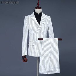 Fashion White Striped Double Breasted Suit Men 2018 Brand Wedding Groom Tuxedos 2 Piece Suit (Jacket+Pants) Men Costume Homme X0909