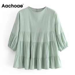 Women O Neck Solid Loose Blouses Lantern Sleeve Causal Shirts Ruffle Pleated Chic Tunic Tops Summer Blouse 210413