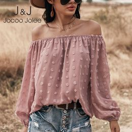 Jocoo Jolee Women Elegant Slash Neck Spring Sexy Office Lady Long Sleeve T-Shirt Backless Solid Casual Polka Dot Top 210518