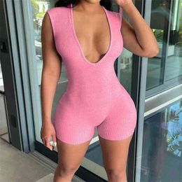 Deep V Neck Sexy Bodycon Sleeveless Playsuits Solid Ribbing Casual Women Jumpsuit Shorts Workout Sportswear Basic Rompers Summer 210517