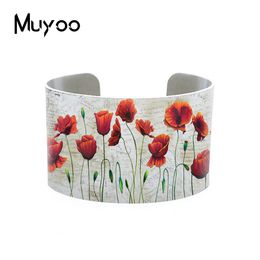 New Vintage Red Poppies Flower Paintings Patterns Adjustable Bangle Cuff Beauty Red Poppy Flowers Bracelets Art Aluminium Bangles Q0719