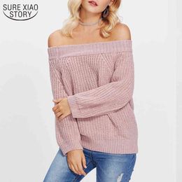 Solid Colour Horizontal Neck Long Sleeve Women's Sweater European and American Winter Sexy Knitwear Pullover 11627 210508